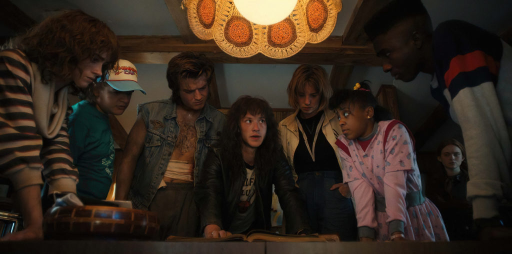 (L to R) Natalia Dyer as Nancy Wheeler, Gaten Matarazzo as Dustin Henderson, Joe Keery as Steve Harrington, Joseph Quinn as Eddie Munson, Maya Hawke as Robin Buckley, Priah Ferguson as Erica Sinclair, Sadie Sink as Max Mayfield, and Caleb McLaughlin as Lucas Sinclair stranger things 4