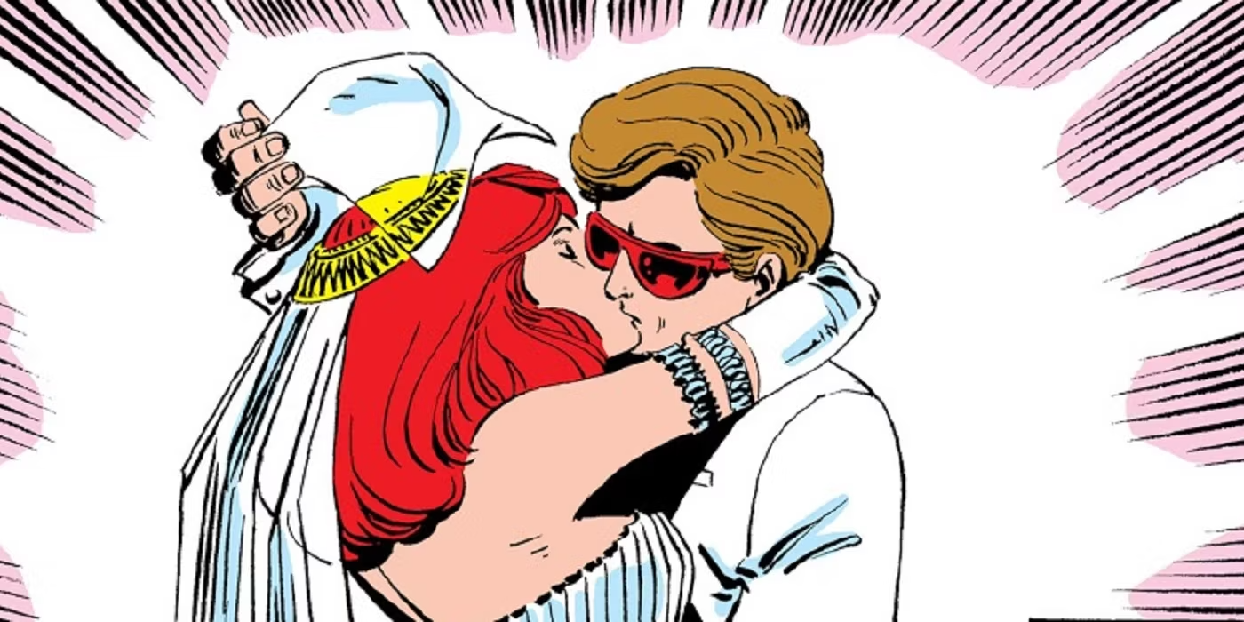Madelyne Pryor and Scott Summers kissing at wedding