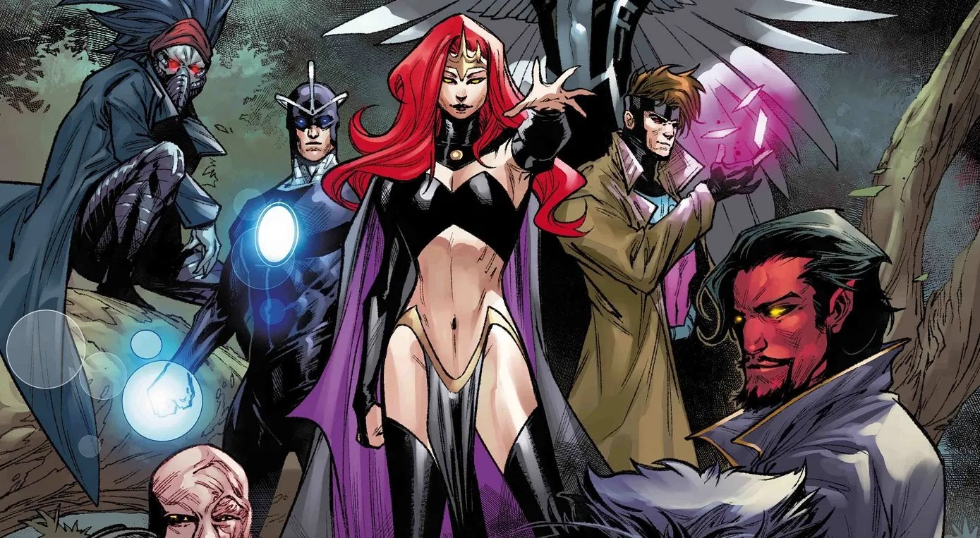 Madelyne Pryor standing with Havok and Gambit