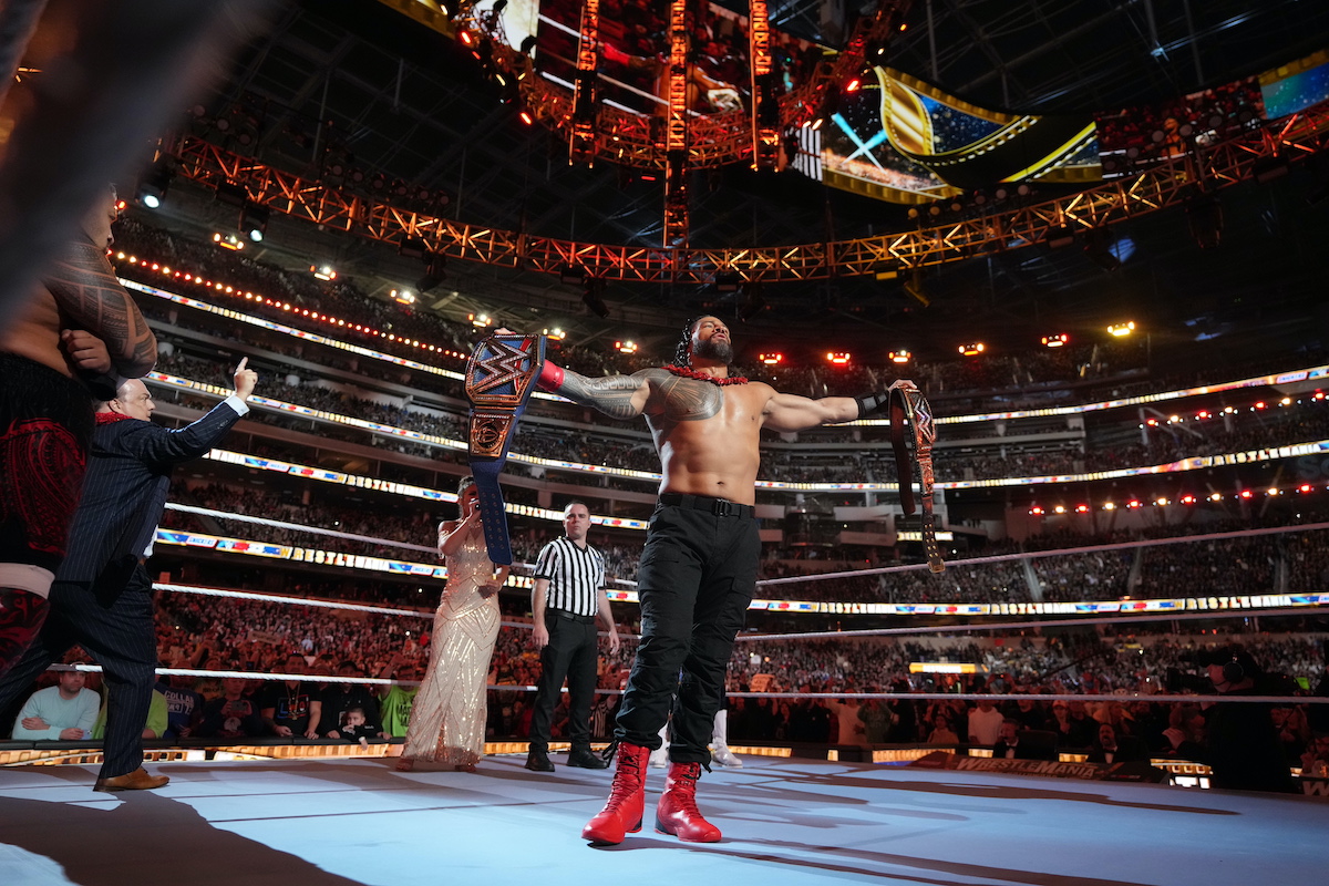 WrestleMania 39 banner - Cody Rhodes vs. Roman Reigns - Reigns entrance