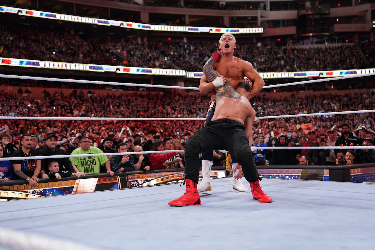 WrestleMania 39 banner - Cody Rhodes vs. Roman Reigns match still 2