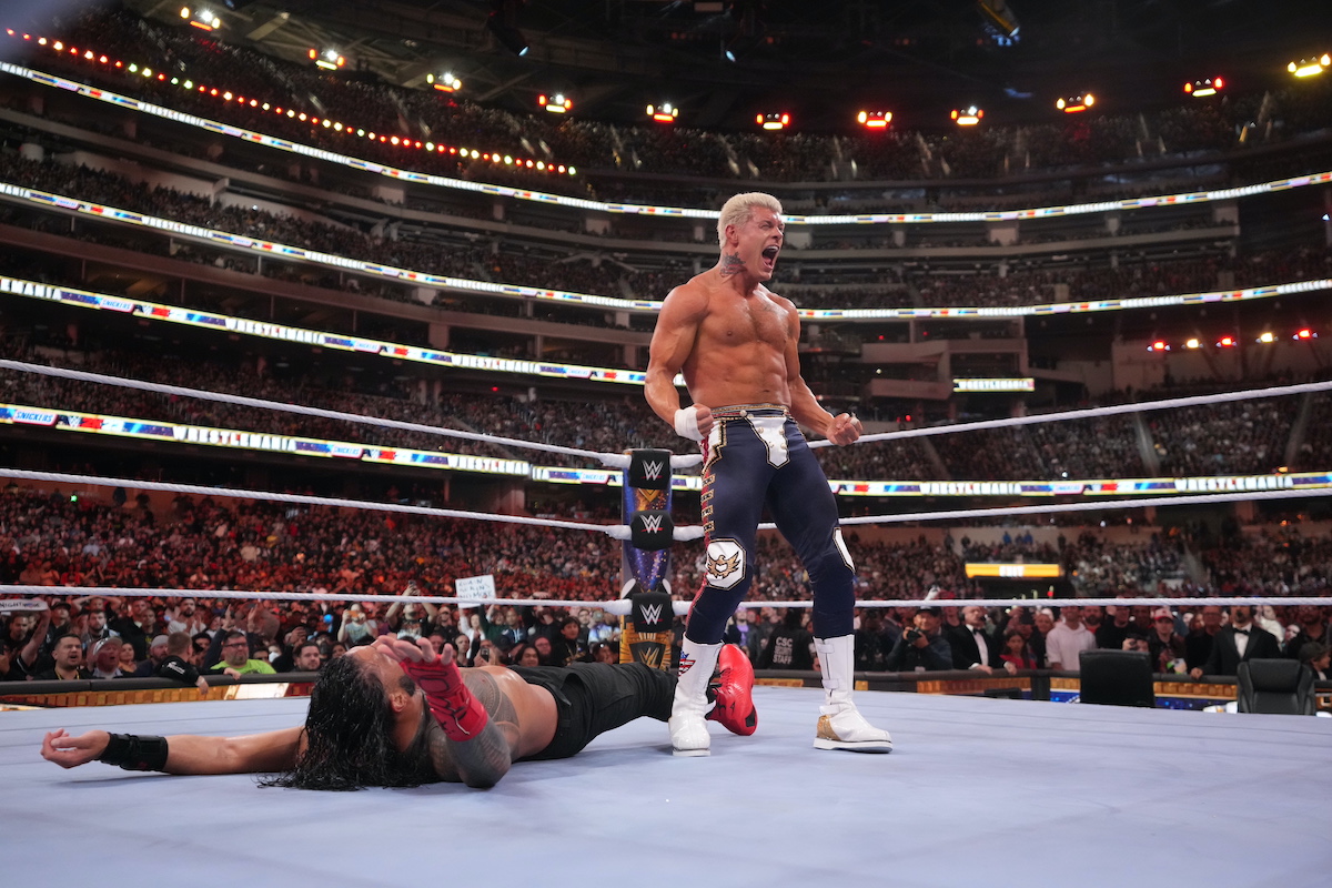 WrestleMania 39 banner - Cody Rhodes vs. Roman Reigns match still