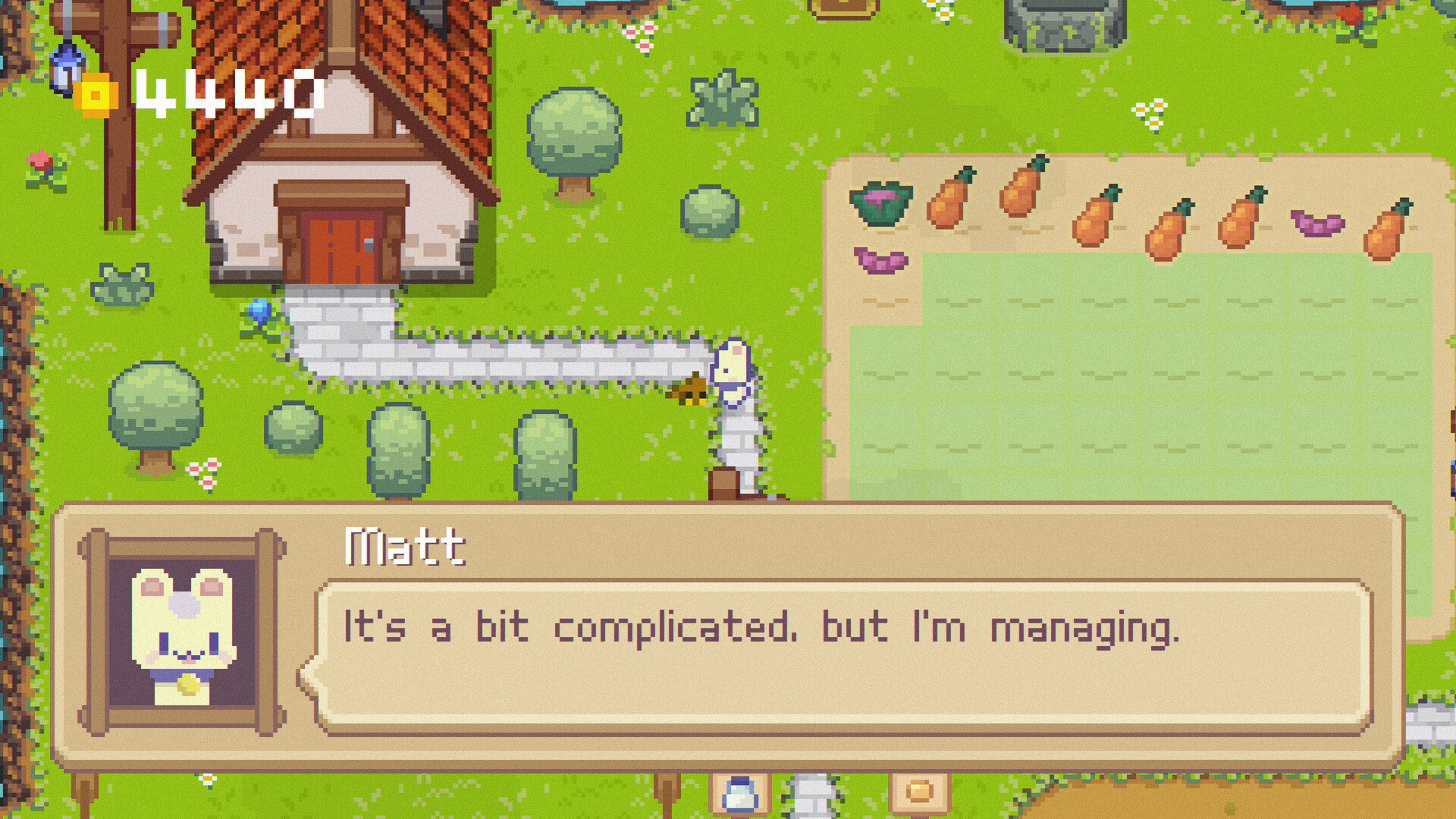 A screenshot of Matt the cat saying "it's a bit complicated, but I'm managing" from Cute Farmer Life