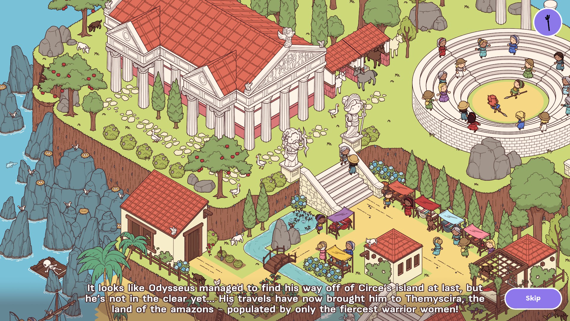 Screen Shot of the slight story that starts off each level. This one is from the Greek Mythology levels and talks about Odysseus's travel to Themyscira, the land of the amazons while showing a little market space and greek buildings with all female characters.