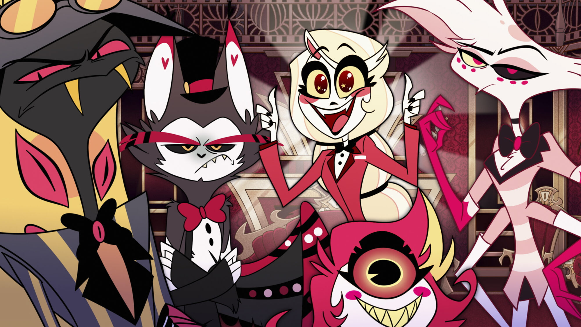 Photo of some of the characters from Hazbin Hotel, including Sir Pentious, Husk, Charlie, Niffty, and Angel Dust