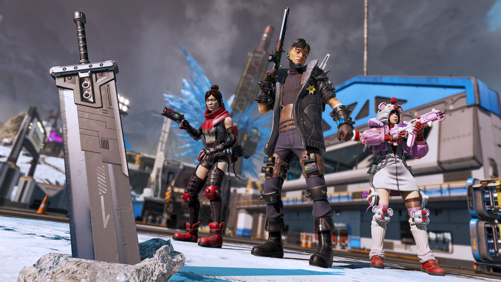 Final Fantasy VII Rebirth Apex Legends Event Crypto, Wraith, Watson next to buster sword