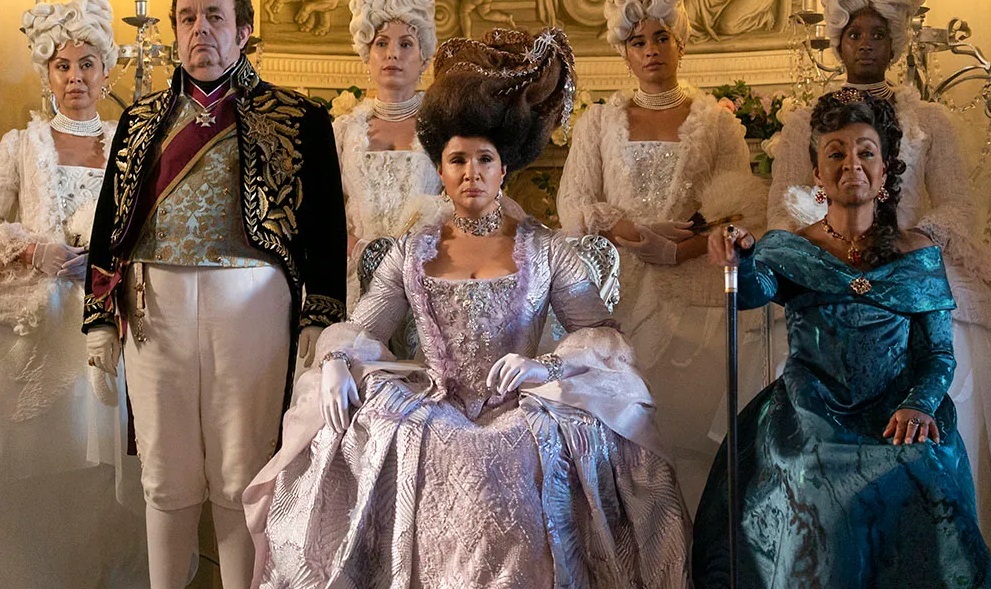 Bridgerton Season 3 still of the Queen all dolled up at a ball