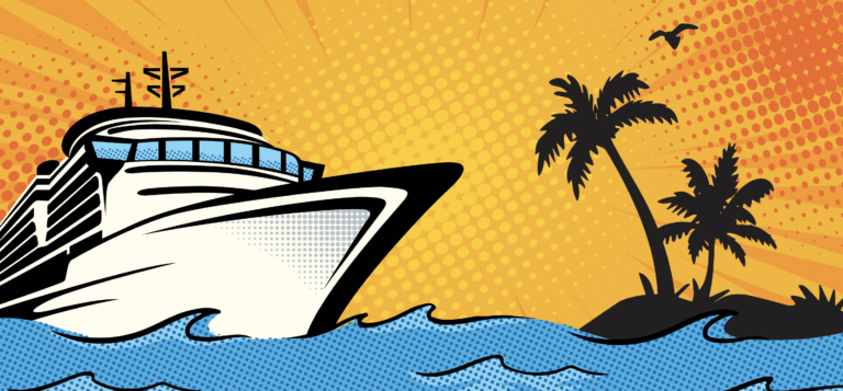 Comic-Con: The Cruise - Pop art design of a ship with a yellow orange sunset and an island and ocean waves