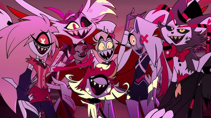 Group shot from the Finale song, including Cherry bomb, Angel Dust, Lucifer, Niffty, Vaggie, and Husk from episode 8 of Hazbin Hotel