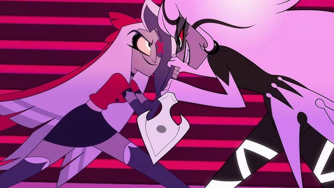 Screen shot from Out of Love with Vaggie and Carmilla fighting from episode 7 from Hazbin Hotel
