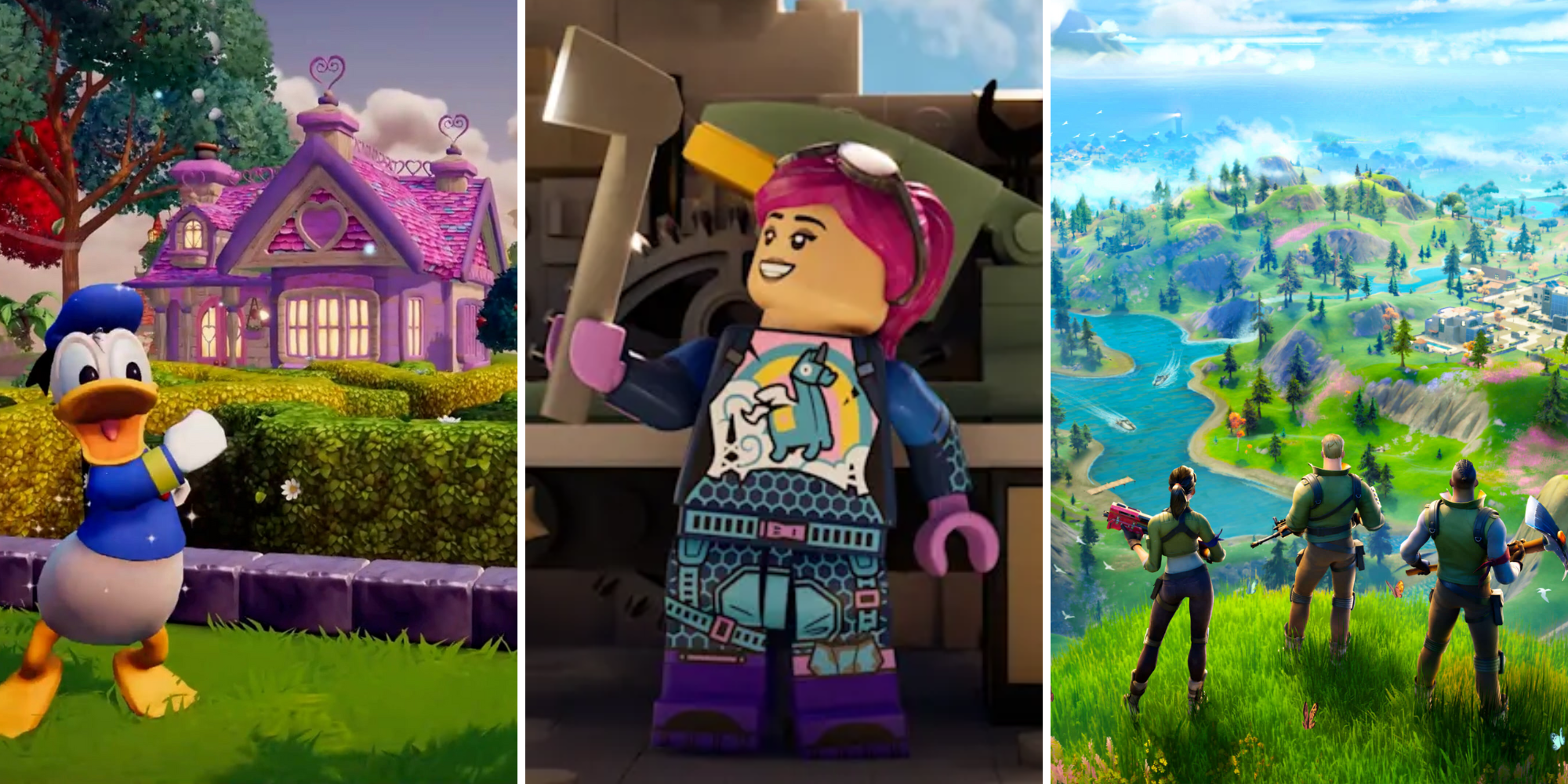Screen shots of Disney Dreamlight Valley, LEGO Fortnite, and Fortnite