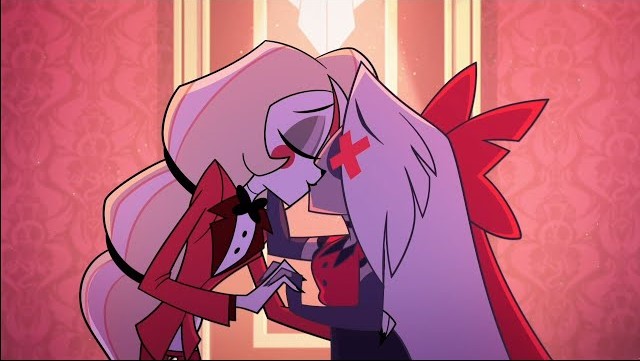 Screenshot of Charlie and Vaggie kissing from More than Anything reprise during episode 8 of Hazbin Hotel